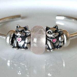 PANDORA Lucky Cat #2, ALE 925S Authentic Retired Cute Waving w Pink Enamel Heart